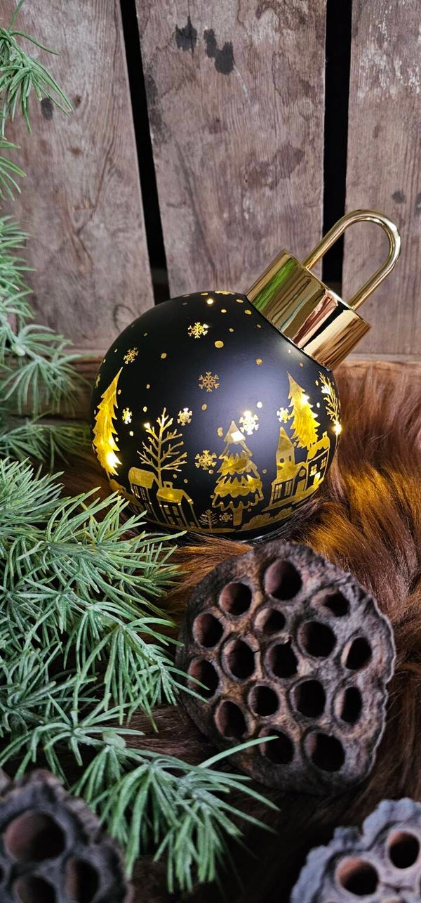 Roterende zwarte kerstbal met verlichting