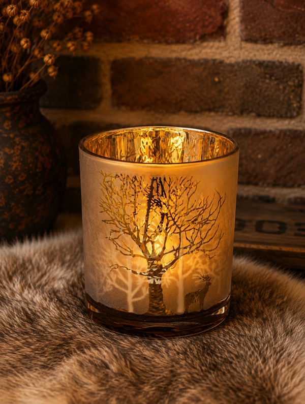 Windlicht bos en hert goud klein