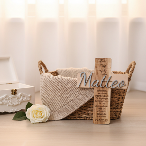✝️ Personalisiertes Holzkreuz zur Taufe & Kommunion – Geschenk mit Namen & Datum