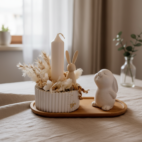 🐰 Osterdeko Kerzenhalter mit Trockenblumen & Hasenfigur – Natürliche Frühlingsdeko