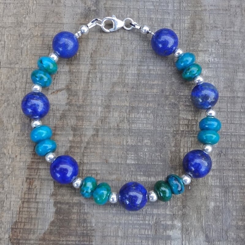 lapis lazuli, chrysocolla en zilveren kraaltjes