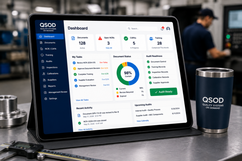 QSOD Pro quality management dashboard open on a laptop