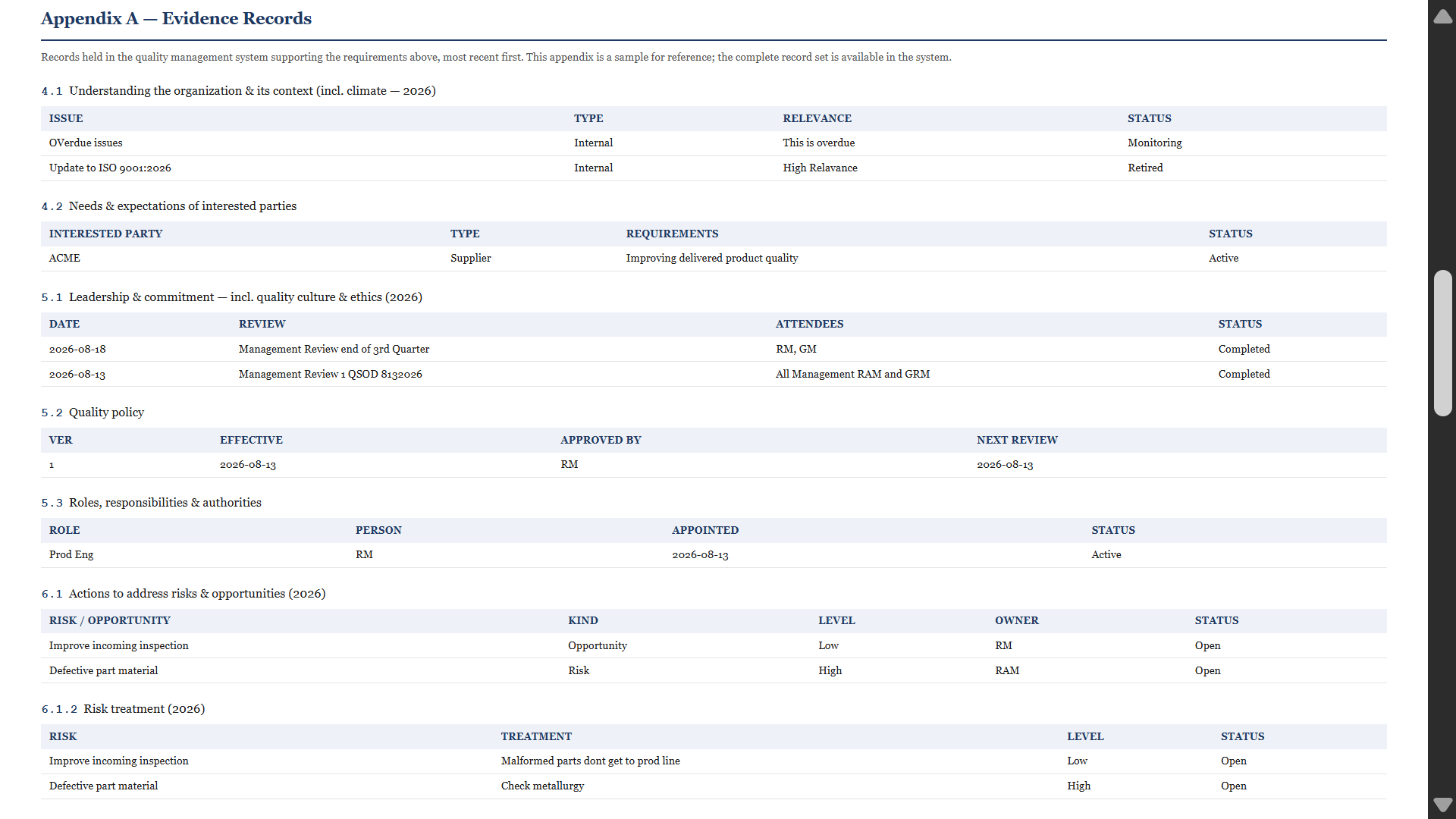 Appendix A showing individual quality records with dates and document numbers
