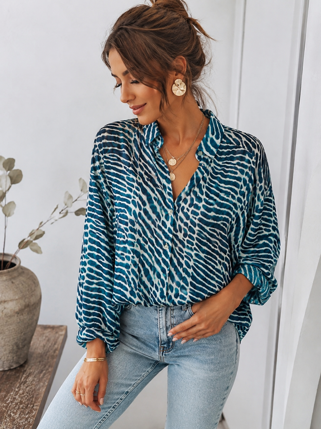 Chemise zébrée bleu canard