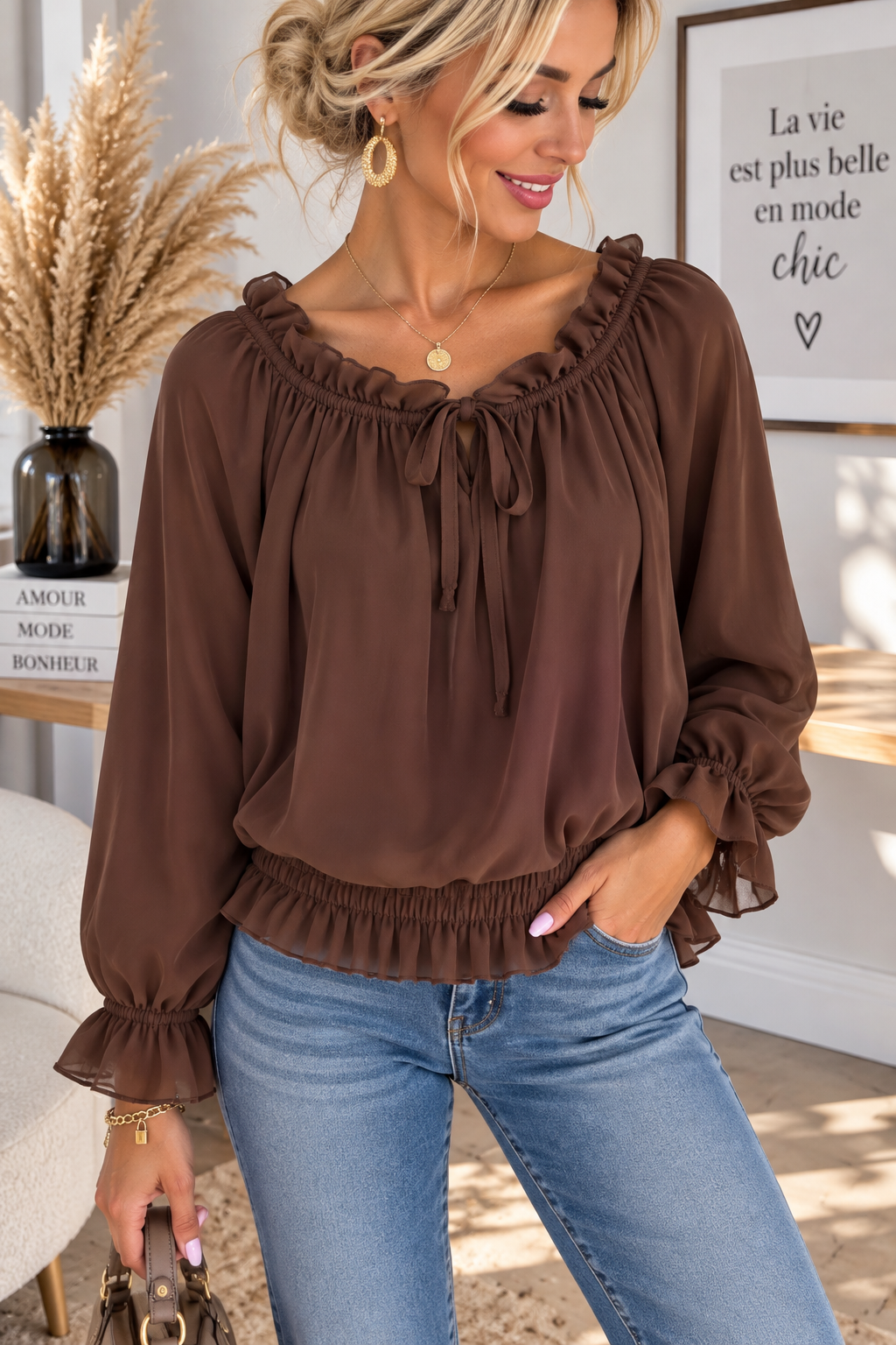 blouse volanté marron
