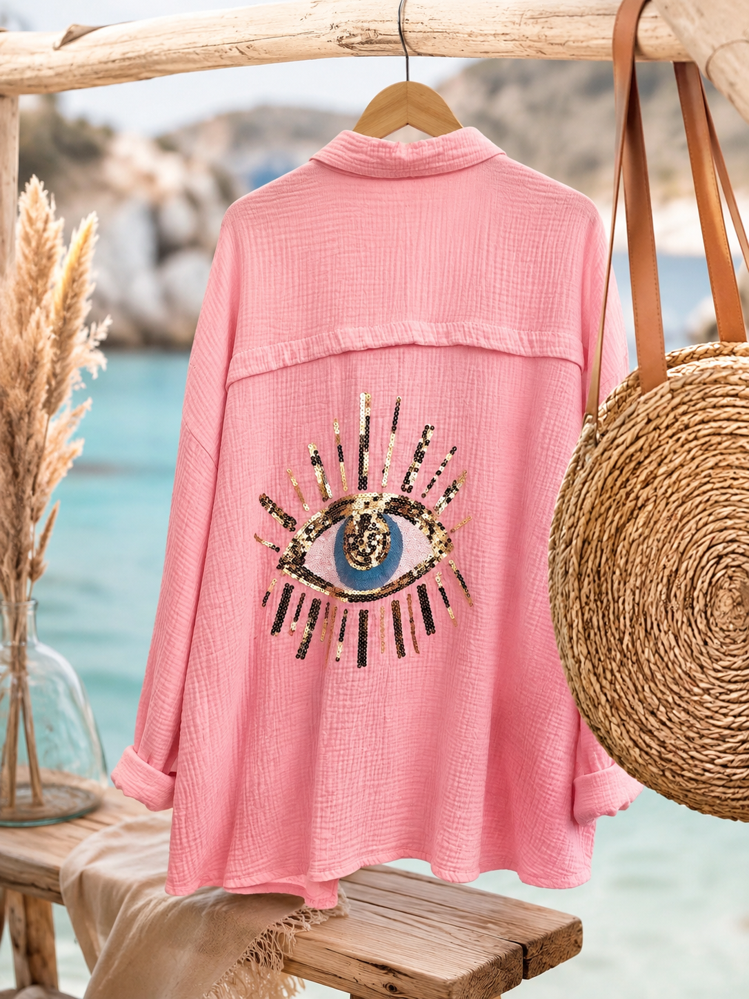 Chemise œil en gaze de coton rose poudré