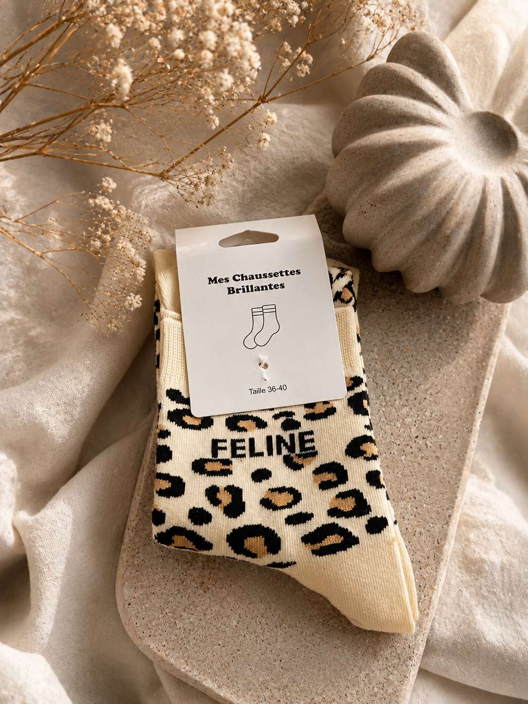Chaussette féline léopard beige
