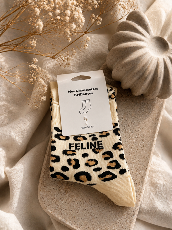 Chaussette féline léopard beige