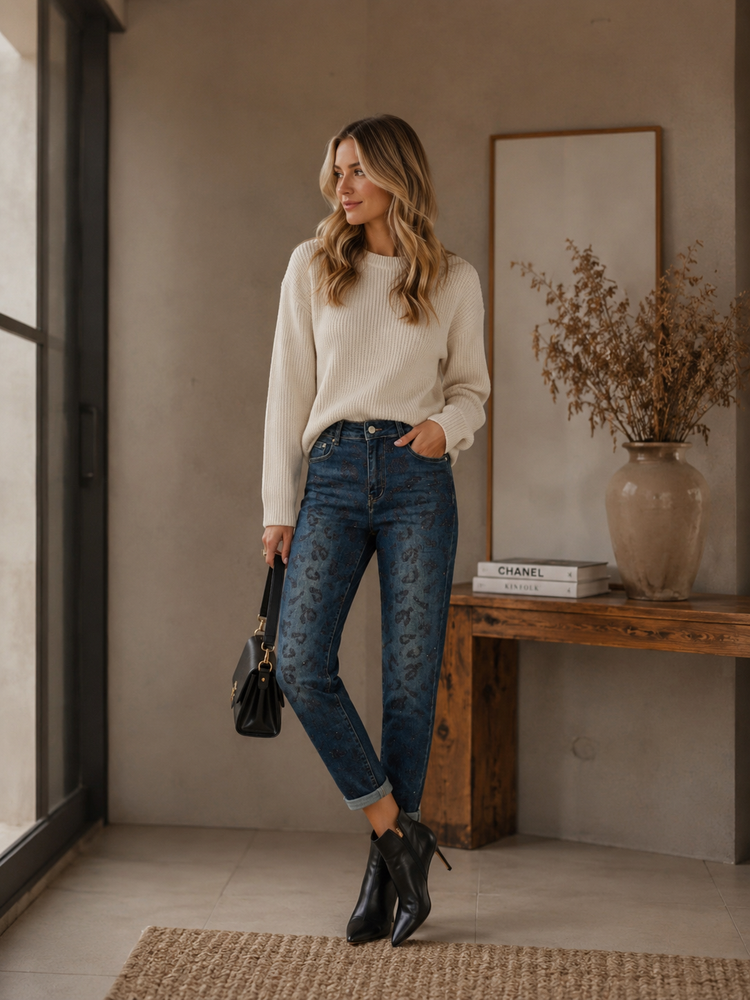 Jeans bleu Mom fit avec strass léopard devant