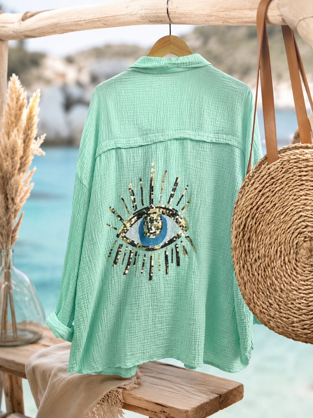 Chemise œil en gaze de coton vert d'eau