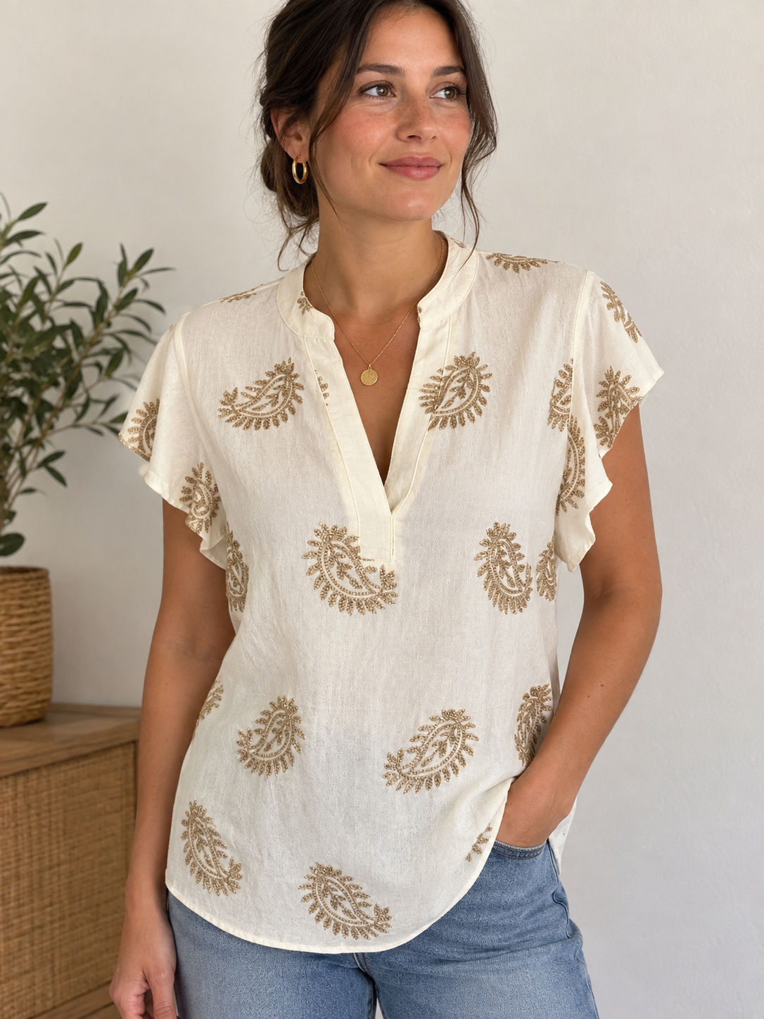 Blouse effet lin beige et doré