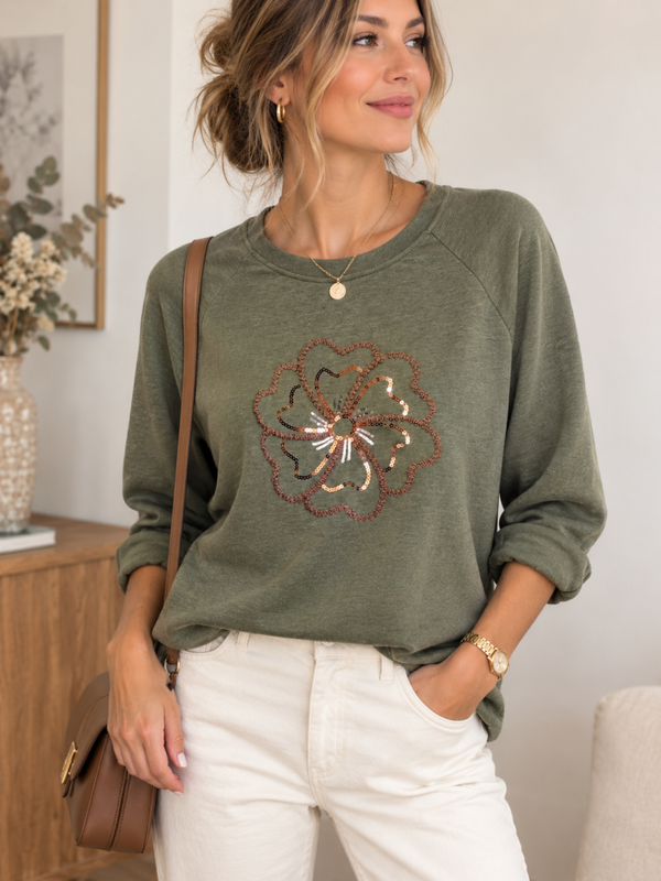 Pull fleur kaki