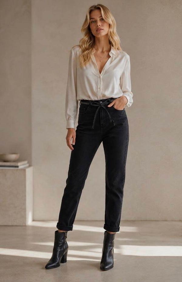 Jeans Mom fit noir avec strass étoiles poches arrière