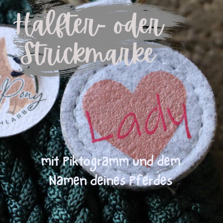 Halfter- oder Strickmarke hellgrau mit Icon und Pferdename