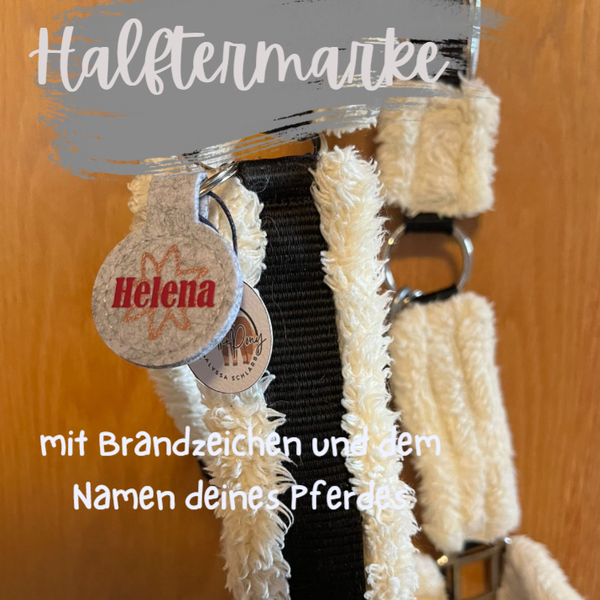 Halftermarke mit Brandzeichen und Pferdenamen personalisiert