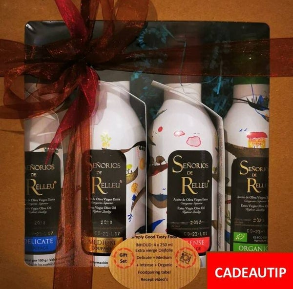 SOLDEN !!! Laatste stuks vorige oogst !!! SET 4 x 250 ML BOTTLES: DELICATE + MEDIUM + INTENSE + ORGANIC COUPAGE EXTRA VIRGIN OLIVE OIL + 5 tombola tickets winactie reis 🏖️