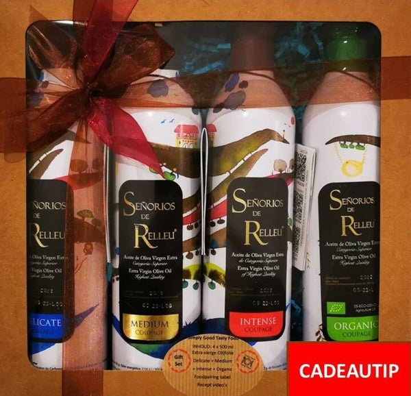 SOLDEN !!! Laatste stuks vorige oogst !!! SET 4 x 500 ML BOTTLES: DELICATE + MEDIUM + INTENSE + ORGANIC COUPAGE EXTRA VIRGIN OLIVE OIL + 10 tombola tickets winactie reis 🏖️