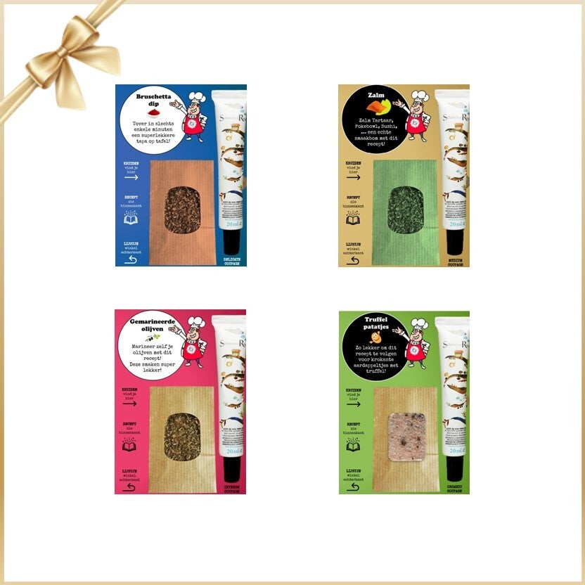 Geschenkje iets lekkers - SMAAKMAKERS:  DELICATE Bruschetta dip + MEDIUM Zalm mix + INTENSE Olijvenmarinade + ORGANIC Himalaya truffelzout