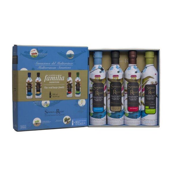 XL GIFT BOX with SET 4 x 500 ML BOTTLES: DELICATE + MEDIUM + INTENSE + ORGANIC COUPAGE EXTRA VIRGIN OLIVE OIL