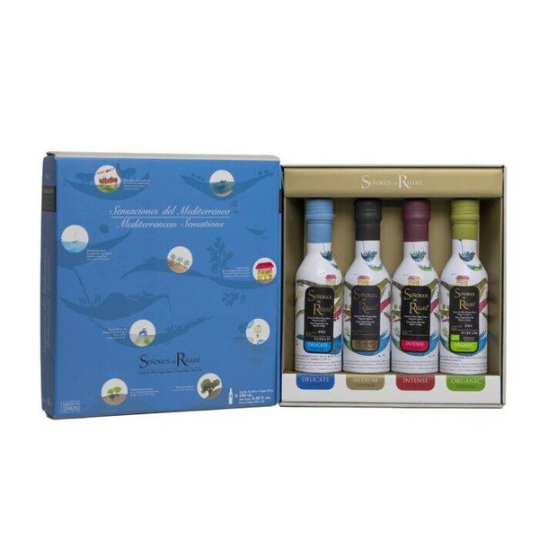GIFT BOX with SET 4 x 250 ML BOTTLES: DELICATE + MEDIUM + INTENSE + ORGANIC COUPAGE EXTRA VIRGIN OLIVE OIL