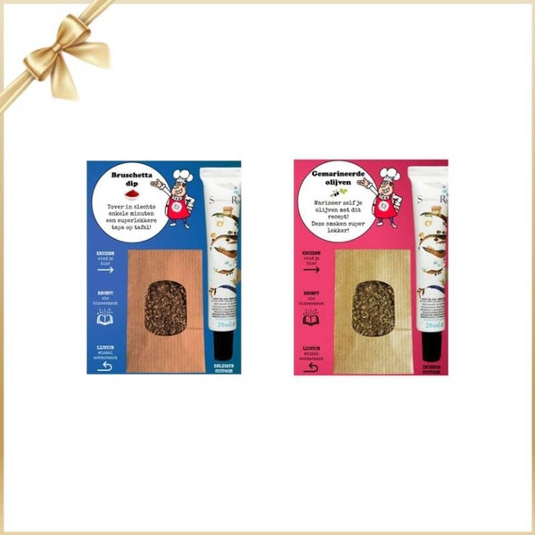 Geschenkje iets lekkers - SMAAKMAKERS:  DELICATE Bruschetta dip + INTENSE Olijvenmarinade
