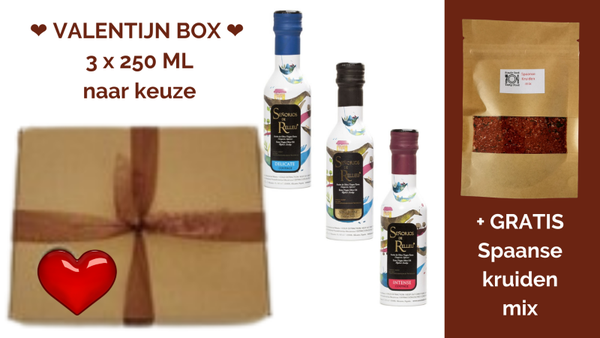 ❤️ VALENTIJN BOX ❤️ 3 x 250 ML Extra Virgin Olive Oil NAAR KEUZE (duid de juiste flessen aan) + GRATIS SPAANSE KRUIDENMIX