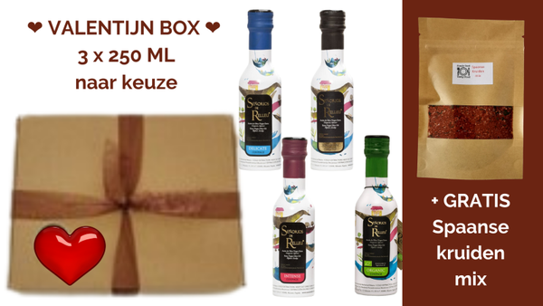 ❤️ VALENTIJN BOX ❤️ SET 4 x 250 ML BOTTLES: DELICATE + MEDIUM + INTENSE + ORGANIC COUPAGE EXTRA VIRGIN OLIVE OIL + GRATIS SPAANSE KRUIDENMIX
