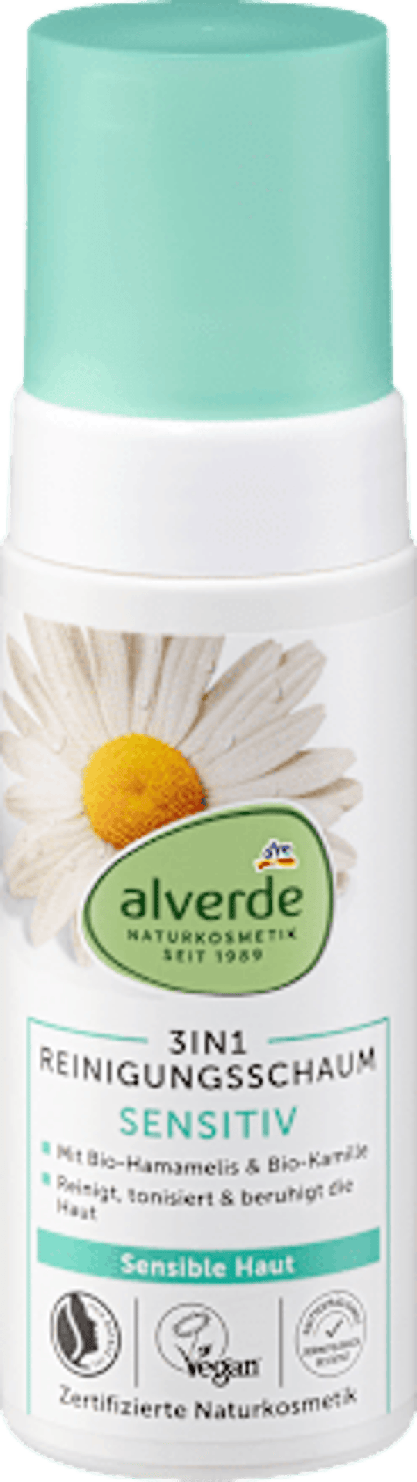 Alverde Sensitive Reinigingsschuim 3 in 1 Hamamelis en Kamille, 150 ml