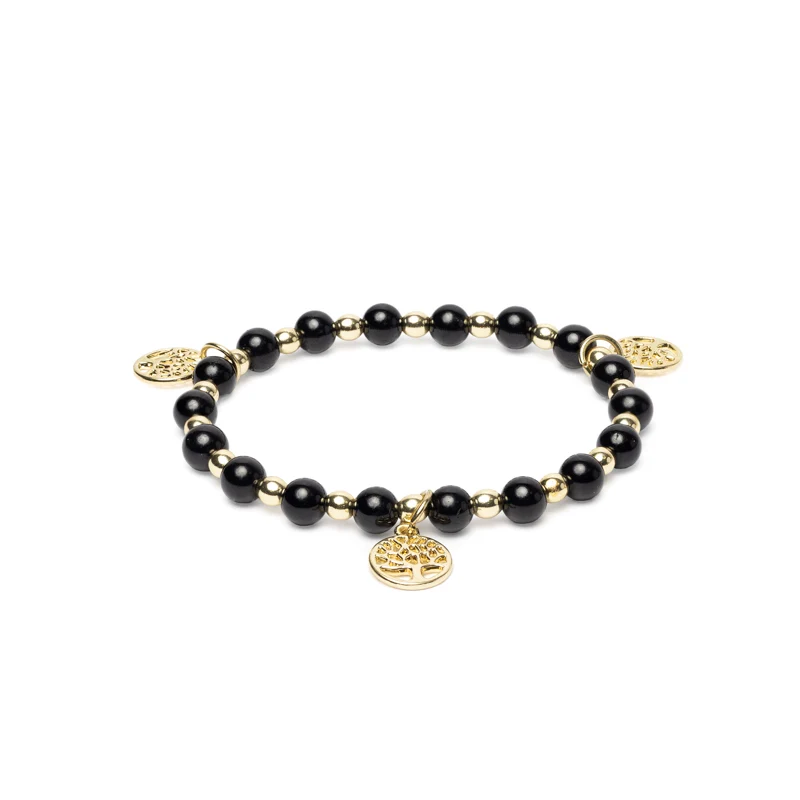 Armband zwarte toermalijn & hematiet goudkleur met levensboombedels