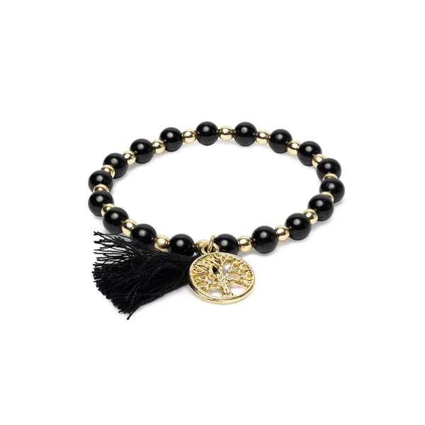 Armband zware toermalijn & hematiet goudkleur met levensboom en kwastje