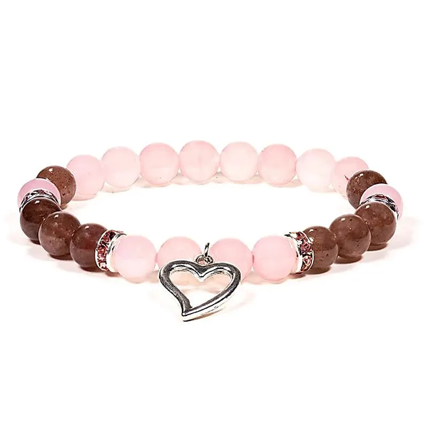 Armband rozenkwarts/aardbeienkwarts met hartje 8 mm