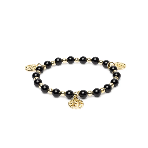Armband zwarte toermalijn & hematiet goudkleur met levensboombedels