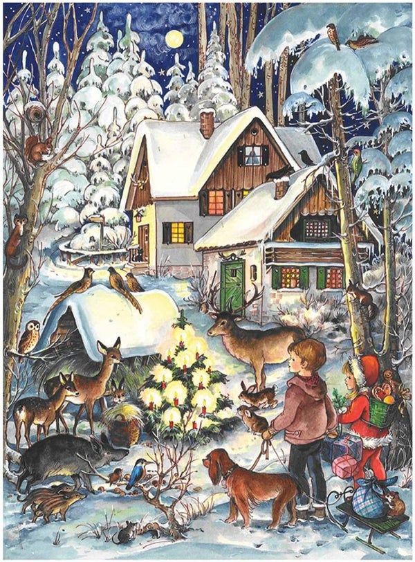 Advent kalender huisje in het winterbos