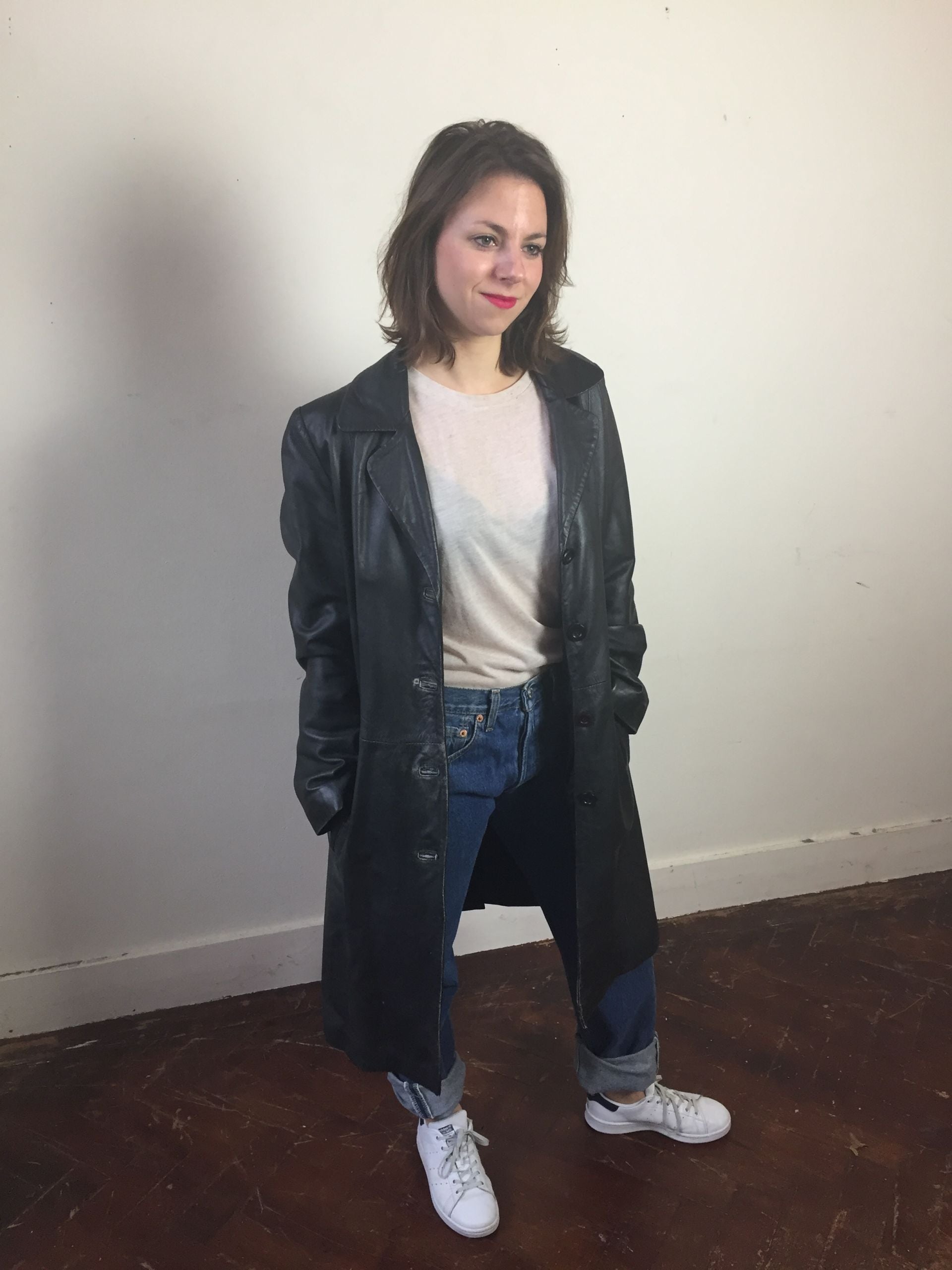 6006 Vintage lange leren jas - M/L 