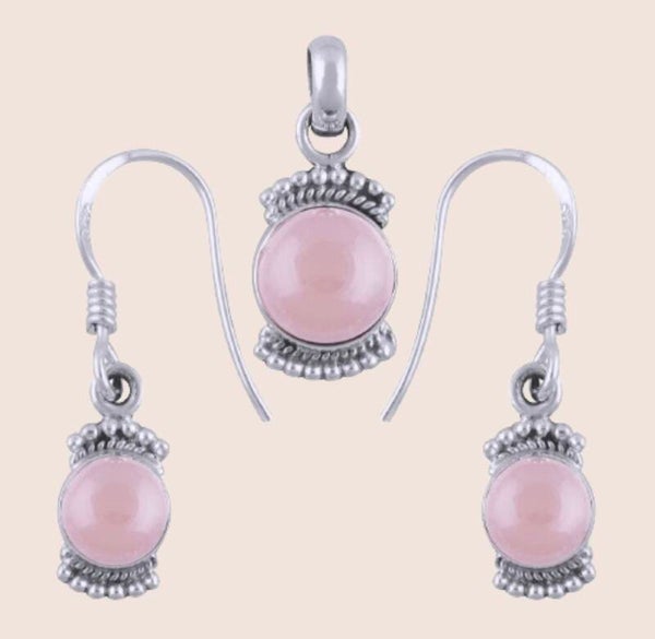 Terra Edela Set Rozenkwarts hanger met bijpassende oorbellen, zilver