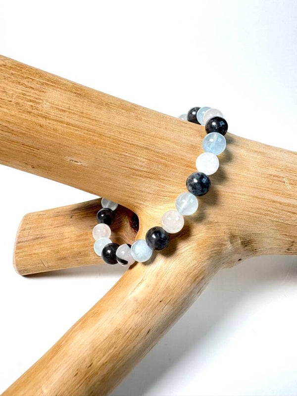 Aquamarijn, Labradoriet, Toermalijnkwarts armband 8 mm