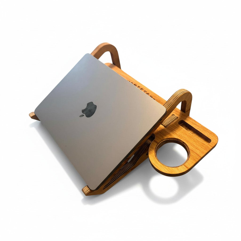 Luxe Beukenhouten Laptopstandaard | Ergonomische | Met Beker- & Telefoonhouder