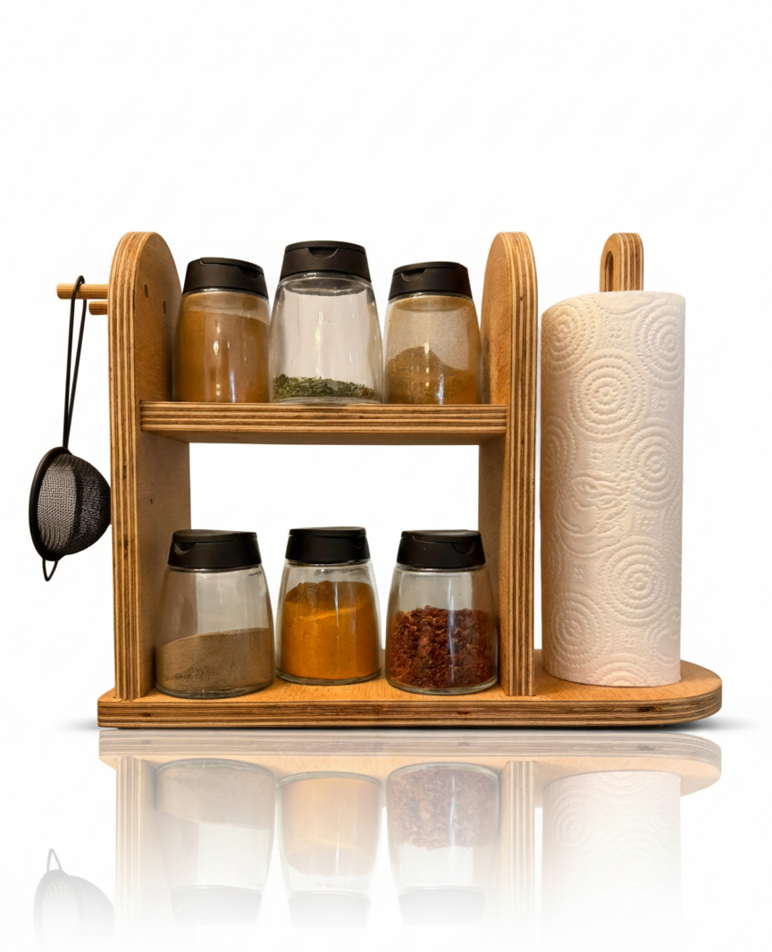 Houten Aanrecht Organizer | Keukenrek met Keukenrolhouder & Kruidenrek