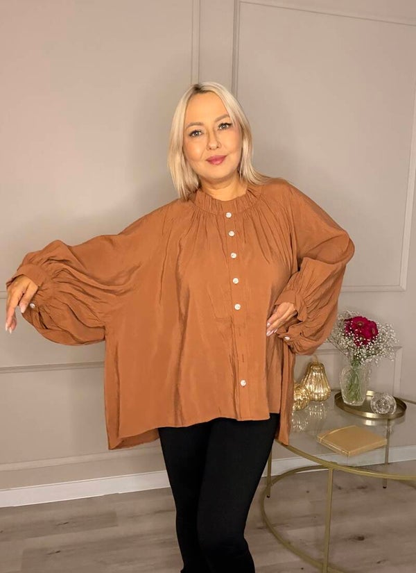 Koszula oversize camel z bufiastymi rękawami CAMEL BLOUSE