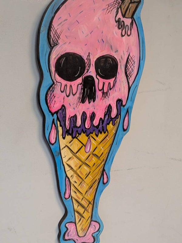 (WC005) Wood Cut Out - Pink Skull Ice Cream V2