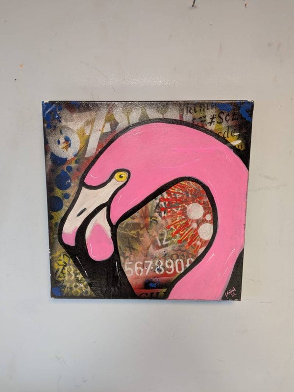 (C021) Canvas - Flamingo head with a graffiti background