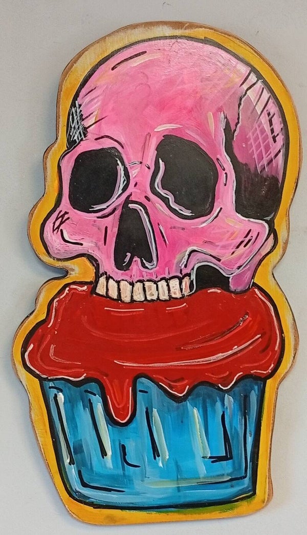 (WC011) Wood Cut Out Pink Skull with Cake
