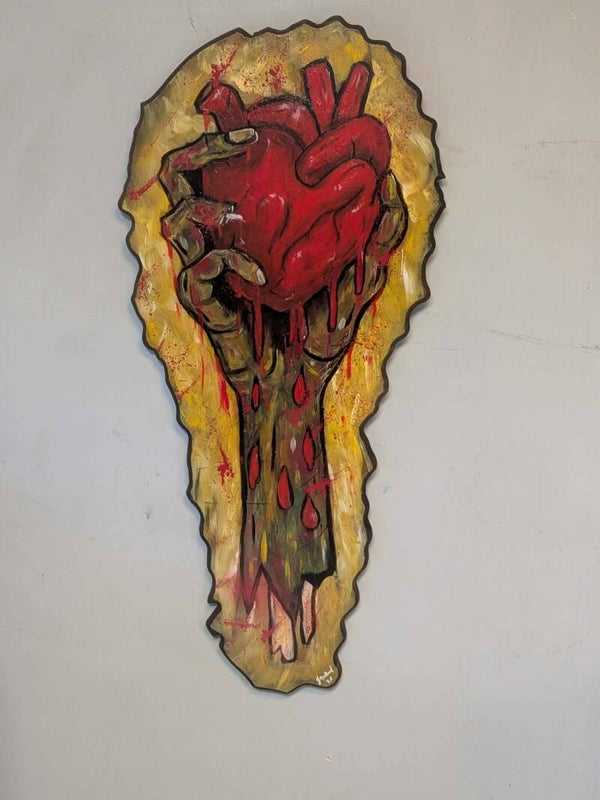 (WC012)  Wood Cut Out Zombie arm holding a heart