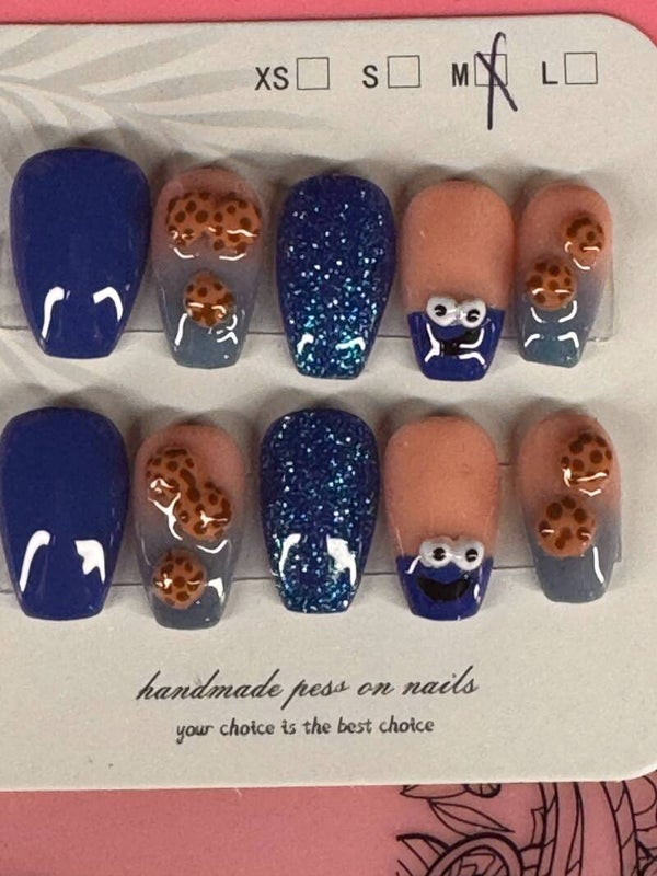 3D Cookie Monster French & Blue Glitter Press-On Nails