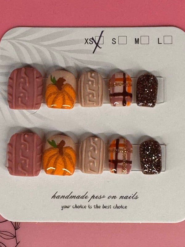 3D Cable Knit Sweater & Fall Pumpkin Press-On Nails