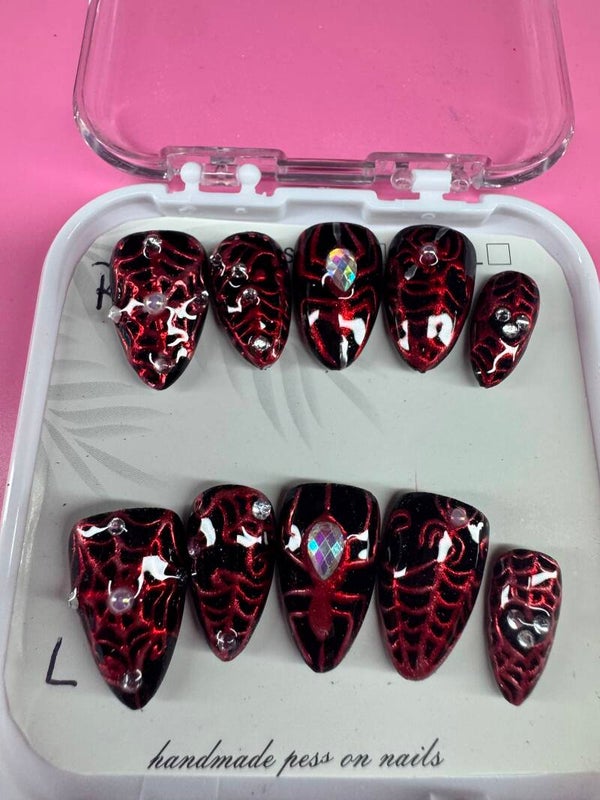 Handmade Crimson Spiderweb Rhinestone Press-On