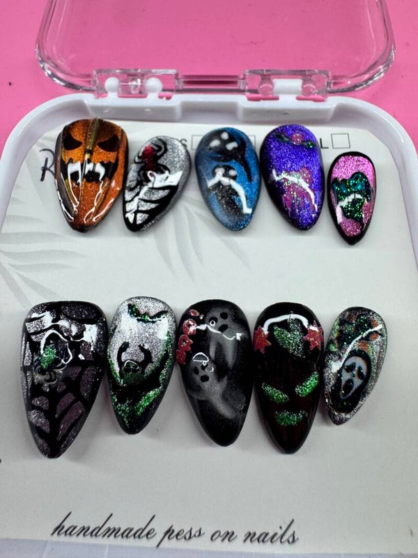 Ghost, Jack-o'-Lantern & Ghoul Glitter Luxury Handmade Nails