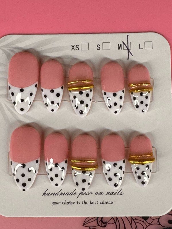 Retro Chic | Glossy Blush & Polka Dot French Tips with 3D Gold Accents