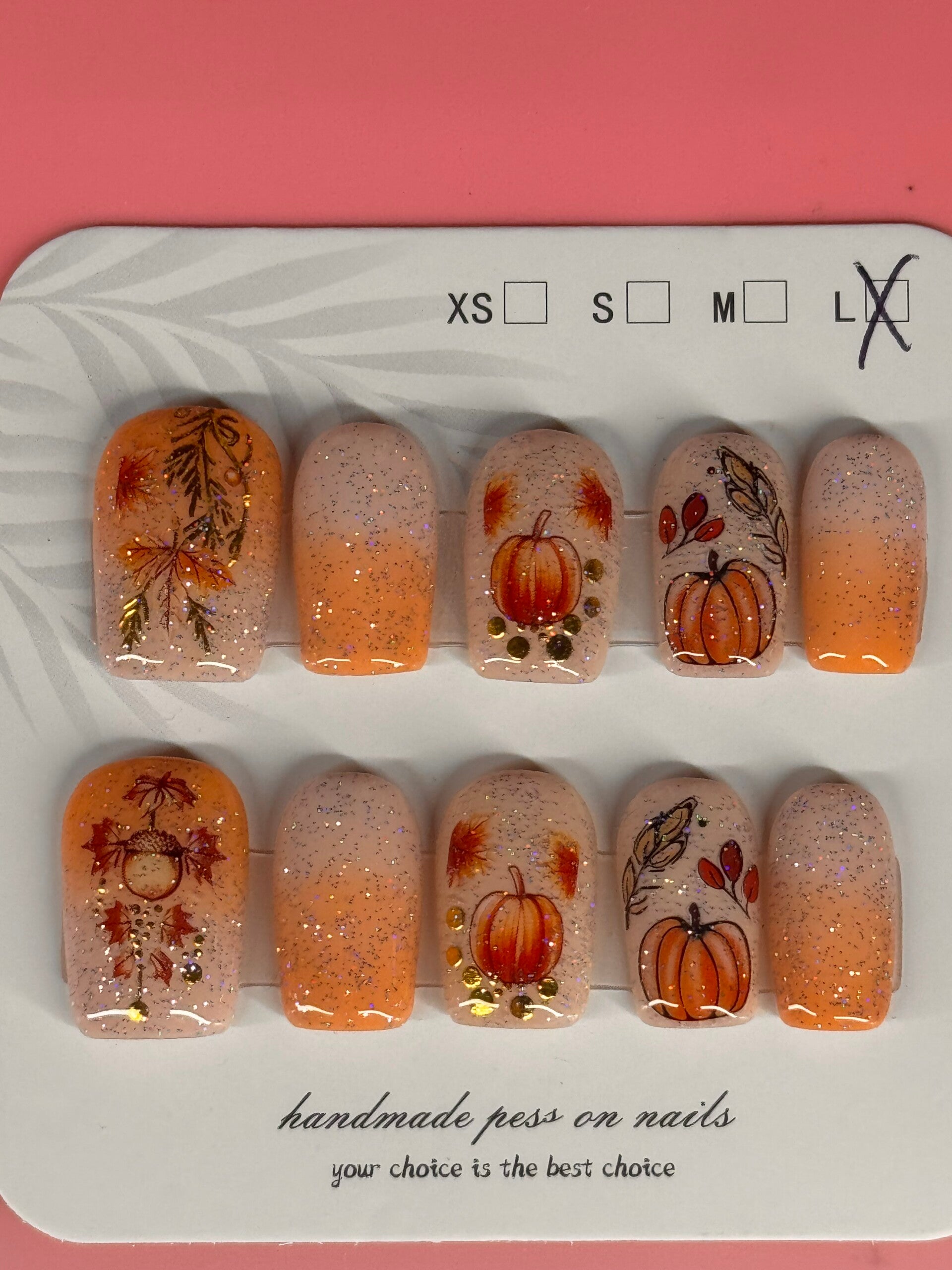 Fall Pumpkin, Leaves & Gold Glitter Ombré Press-On Nails