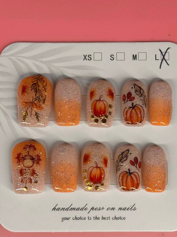 Fall Pumpkin, Leaves & Gold Glitter Ombré Press-On Nails